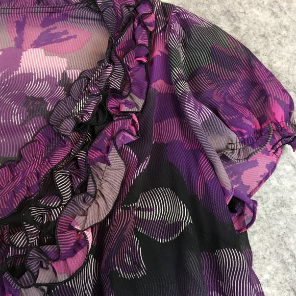 East 5th Top 1X Blouse Chiffon Button Front Smocked Short Sleeve Purple Office - Picture 3 of 10